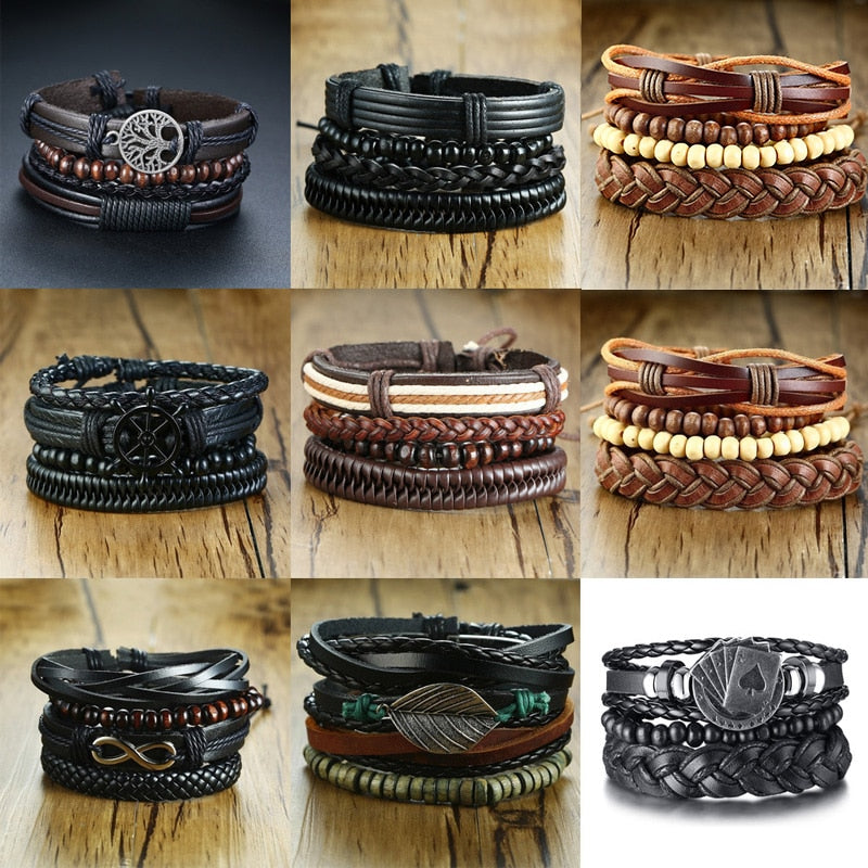 Wood Beads Braided Wrap Leather Bracelets - Great Wood