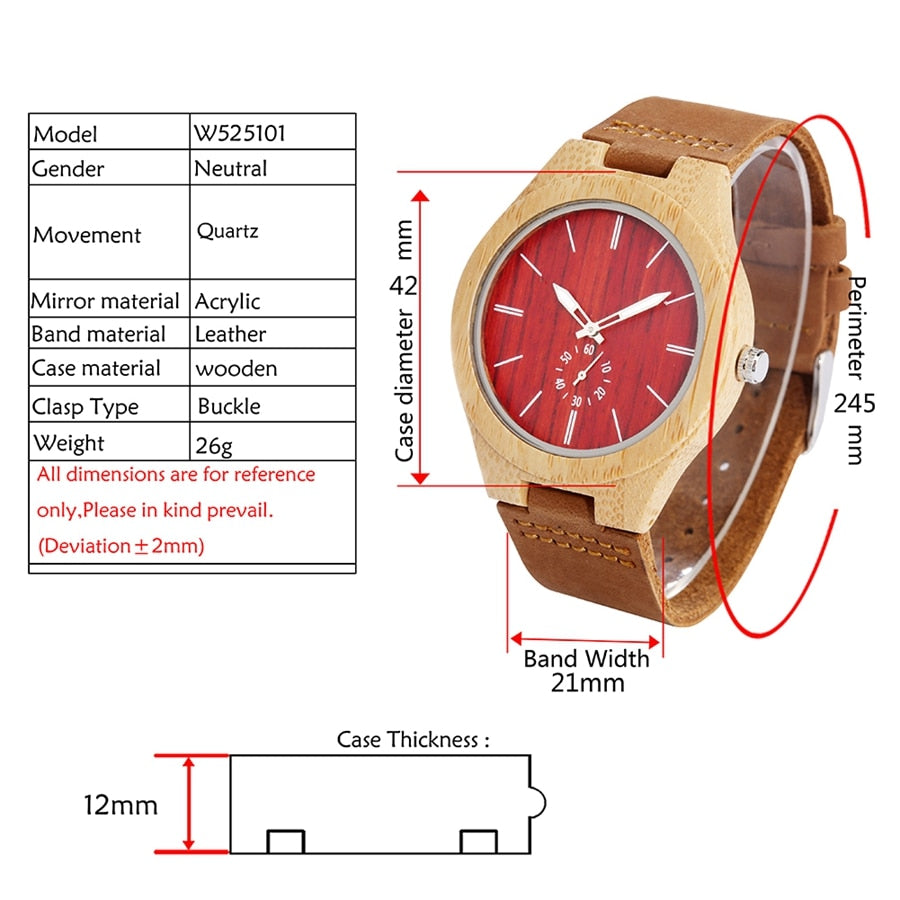 Unique Red Seconds Hand Face Dial Wood Quartz Watch - Great Wood