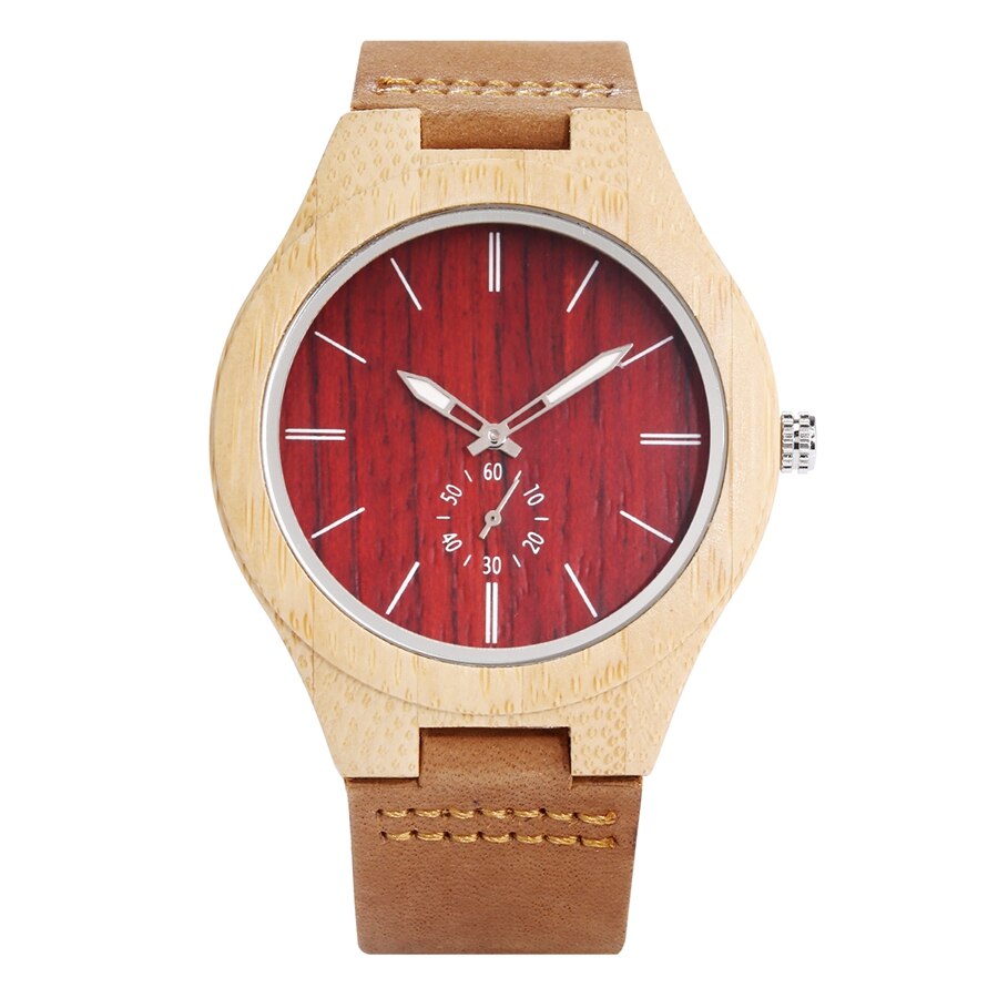 Unique Red Seconds Hand Face Dial Wood Quartz Watch - Great Wood