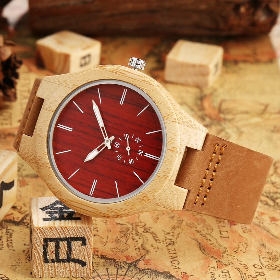 Unique Red Seconds Hand Face Dial Wood Quartz Watch - Great Wood