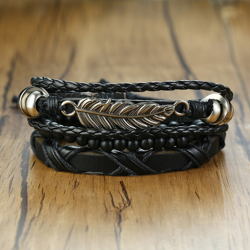 Wood Beads Braided Wrap Leather Bracelets - Great Wood