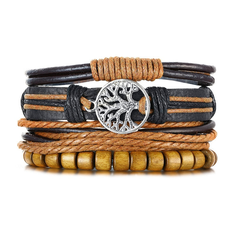 Wood Beads Braided Wrap Leather Bracelets - Great Wood