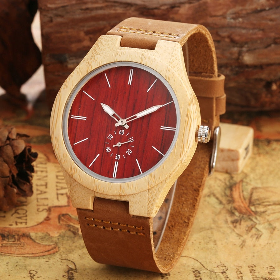 Unique Red Seconds Hand Face Dial Wood Quartz Watch - Great Wood