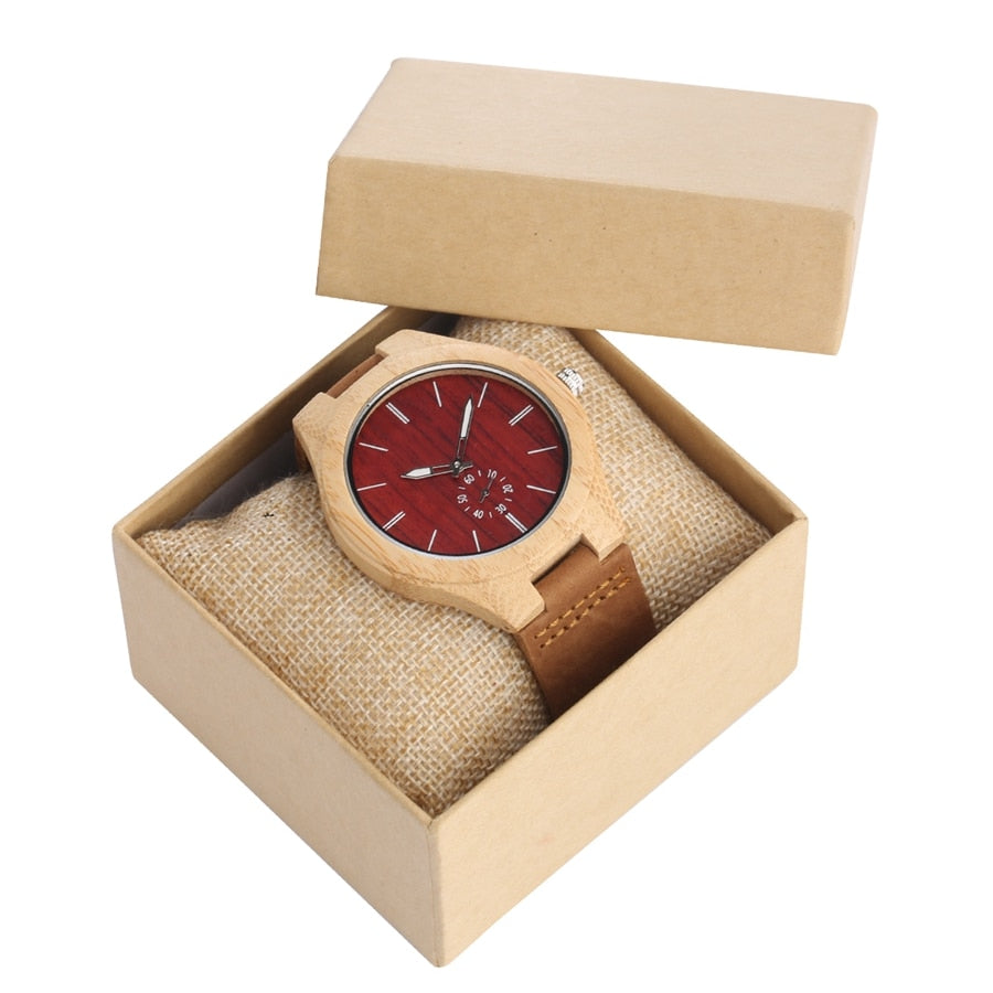 Unique Red Seconds Hand Face Dial Wood Quartz Watch - Great Wood